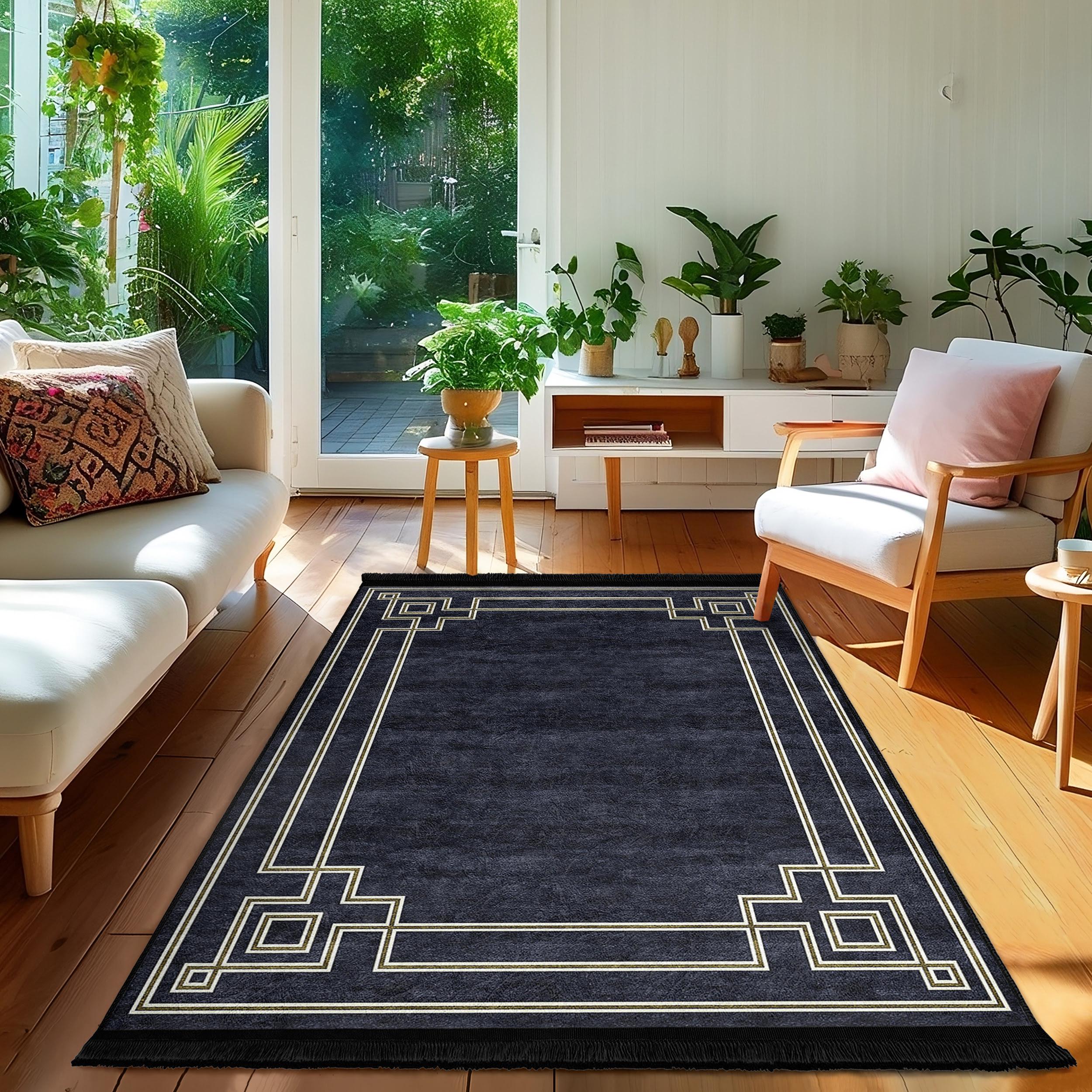 Linear Geometric Rug Geometric Border Area Rug-gold Linear Frame Accent Carpet-stylish Non ...