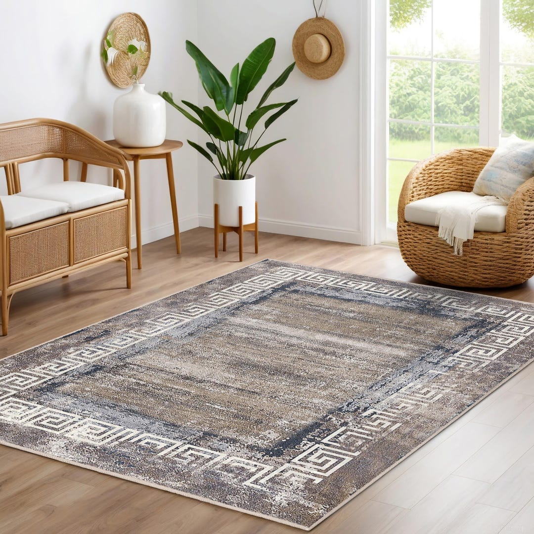 Greek Key Area Rug-geometric Border Accent Carpet-modern Greek Inspired ...