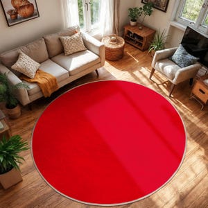 Può includere: Un grande tappeto rosso rotondo con un bordo bianco domina il centro di un soggiorno. Il tappeto è posizionato su un pavimento in legno, circondato da un divano beige, una poltrona e mobili in legno. La luce naturale entra da una finestra.