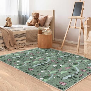 Scenic Adventure Kids Room Rug-Mountains Rivers Animals Carpet-Playful Forest Nursery Rug-Village Storytelling Child Room Rug-Green Mat