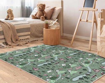 Scenic Adventure Kids Room Rug-Mountains Rivers Animals Carpet-Playful Forest Nursery Rug-Village Storytelling Child Room Rug-Green Mat