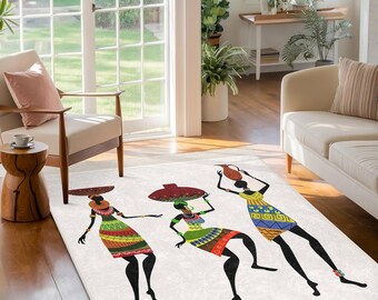 Colorful Tribal Design Area Rug-African Women Art Accent Carpet-Abstract Figures Throw Rug-Multicolor Cultural Area Mat-Vibrant Ethnic Rug
