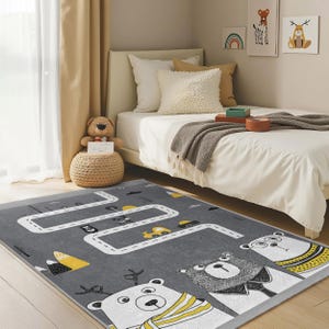 Bear Road Grey Kids Room Rug-Cartoon Animal Path Nursery Carpet-Bear Traffic Playmat-Child Room Rug-Non Slip Toodler Mat