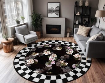 Elegant Checkered Floral Round Rug - Black White Circle Carpet