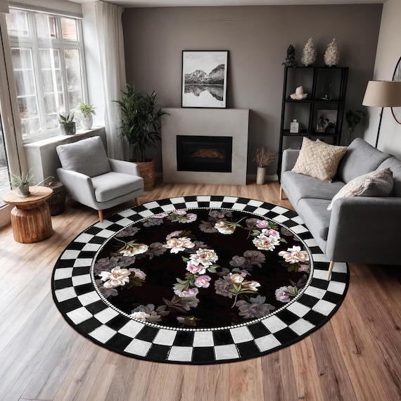 Black Floral Circle Carpet-checkered Border Round Rug-vintage