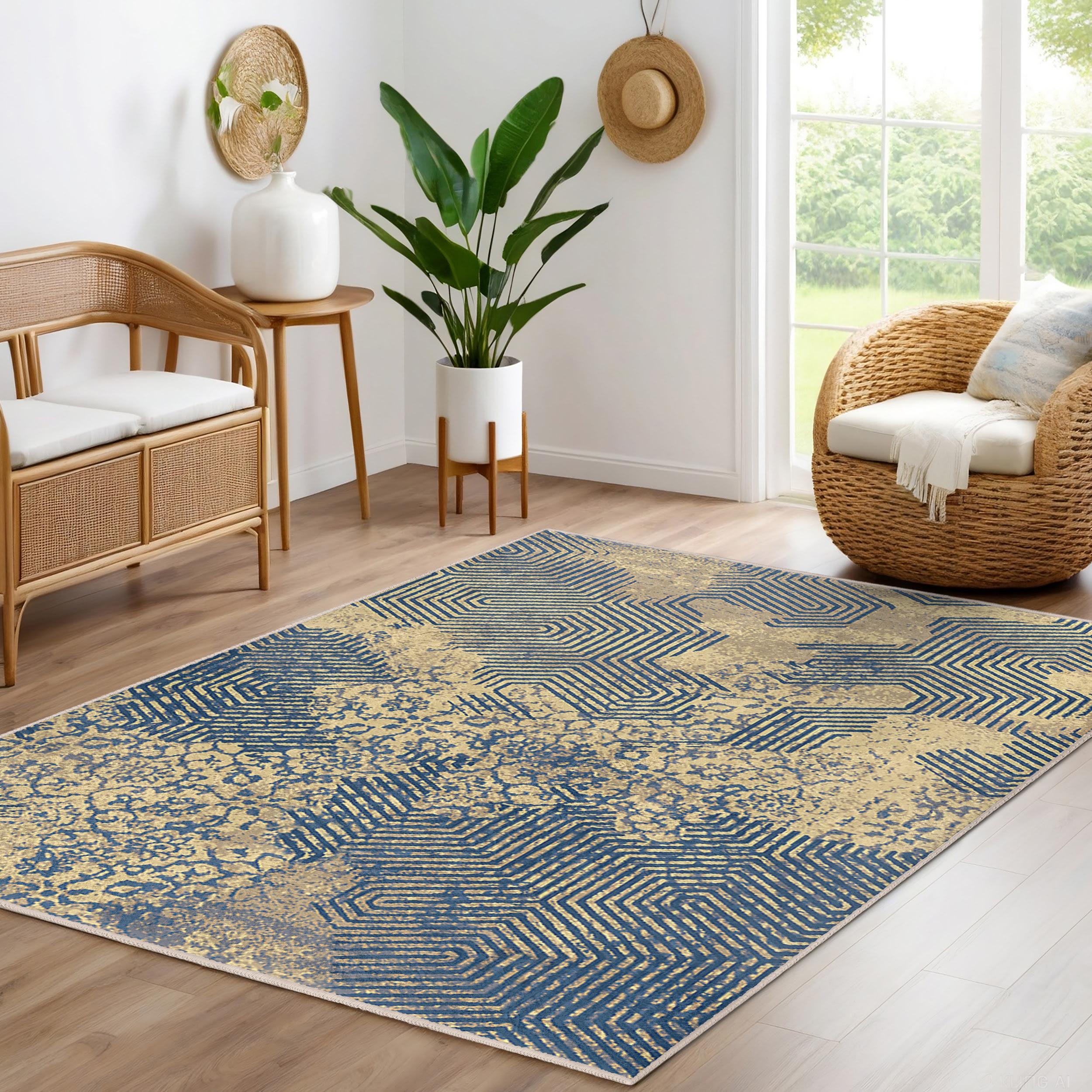 Zigzag Geometric Area Rug - Blue Abstract Lines Mat - Vintage