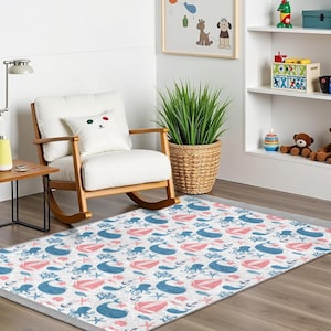 Sea Adventure Nursery Carpet|Boats Whales Octopus Playmat|Pink Blue Sailor Kids Room Rug|Whale Baby Room Rug|Anti Slip Child Room Rug