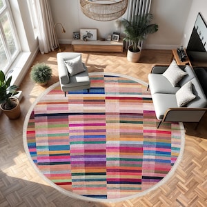 Colorful Patchwork Striped Circle Carpet-Bold Multicolor Grid Round Rug-Vibrant Geometric Living Room Rug-Rainbow Style Round Carpet