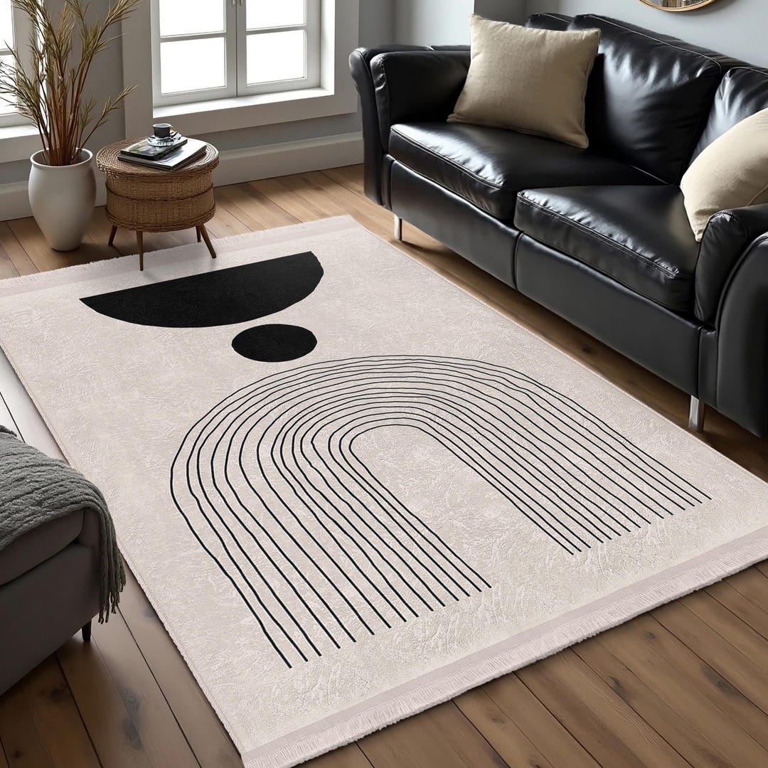 Arched Minimalist Art Area Rug-geometric Black Lines Mat-cream Abstract ...