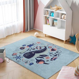 Blue Ocean Whale Kids Room Rug-Nautical Creatures Nursery Carpet-Underwater World Playmat-Whale Tummy Time Rug-Washable Rug for Child Room
