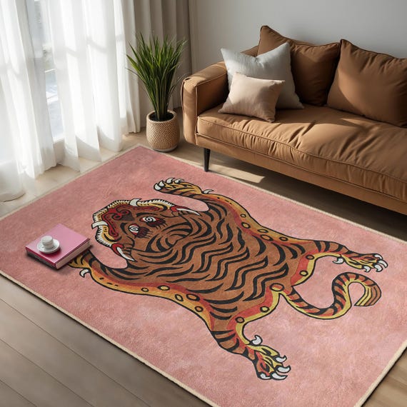 Playful Pink Tiger Area Rug-Wild Striped Fur Accent Carpet-Nature Inspired Square Rug-Jungle Mat-Modern Animal Art Throw Rug-AntiSlip Runner