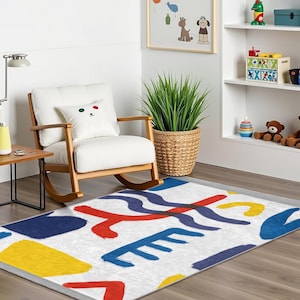 Colorful Abstract Shapes Nursery Carpet-Vivid Red Blue Yellow Toddler Mat-Modern Art Kids Room Rug-Inspired Playmat-Unique Baby Room Rug