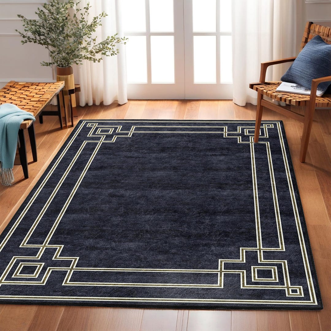Deco Border Rugs Geometric Border Area Rug-gold Linear Frame Accent Carpet-stylish Non ...