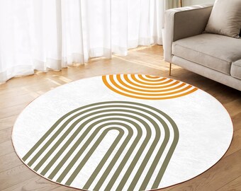 Arched Stripes Round Rug-Olive Orange Circular Circle Mat-Modern Minimalist Round Carpet-Geometric Living Room Rug-Unique Trend Decor Mat