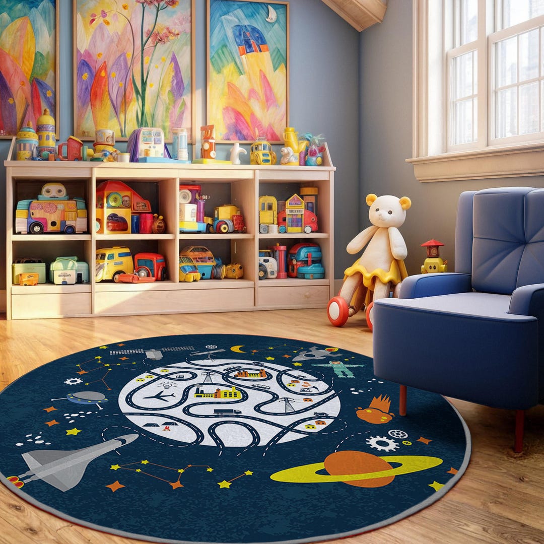 Space Round Rug Space Adventure Kids Room Round Rug - Celestial Roadmap Playmat Circle ...