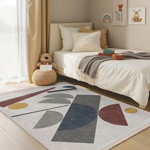 Modern Geometric Shapes Kids Room Rug-Diverse Circular Rectangles Nursery Carpet-Colorful Abstract Child Room Rug-Washable Anti-Slip Playmat