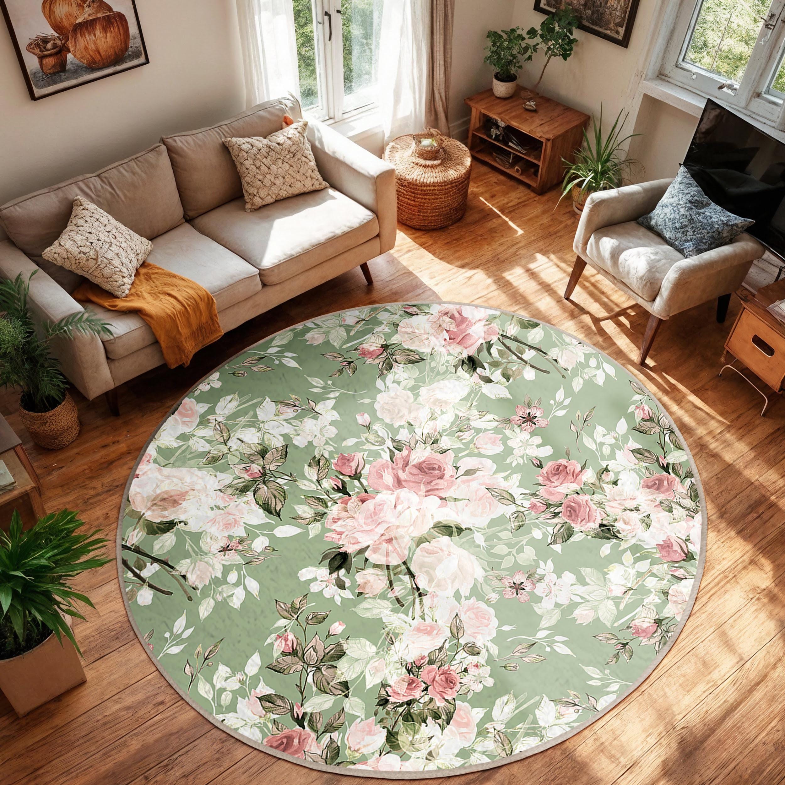 Floral Green Circle Carpet|pink Rose Blossom Round Rug|nature