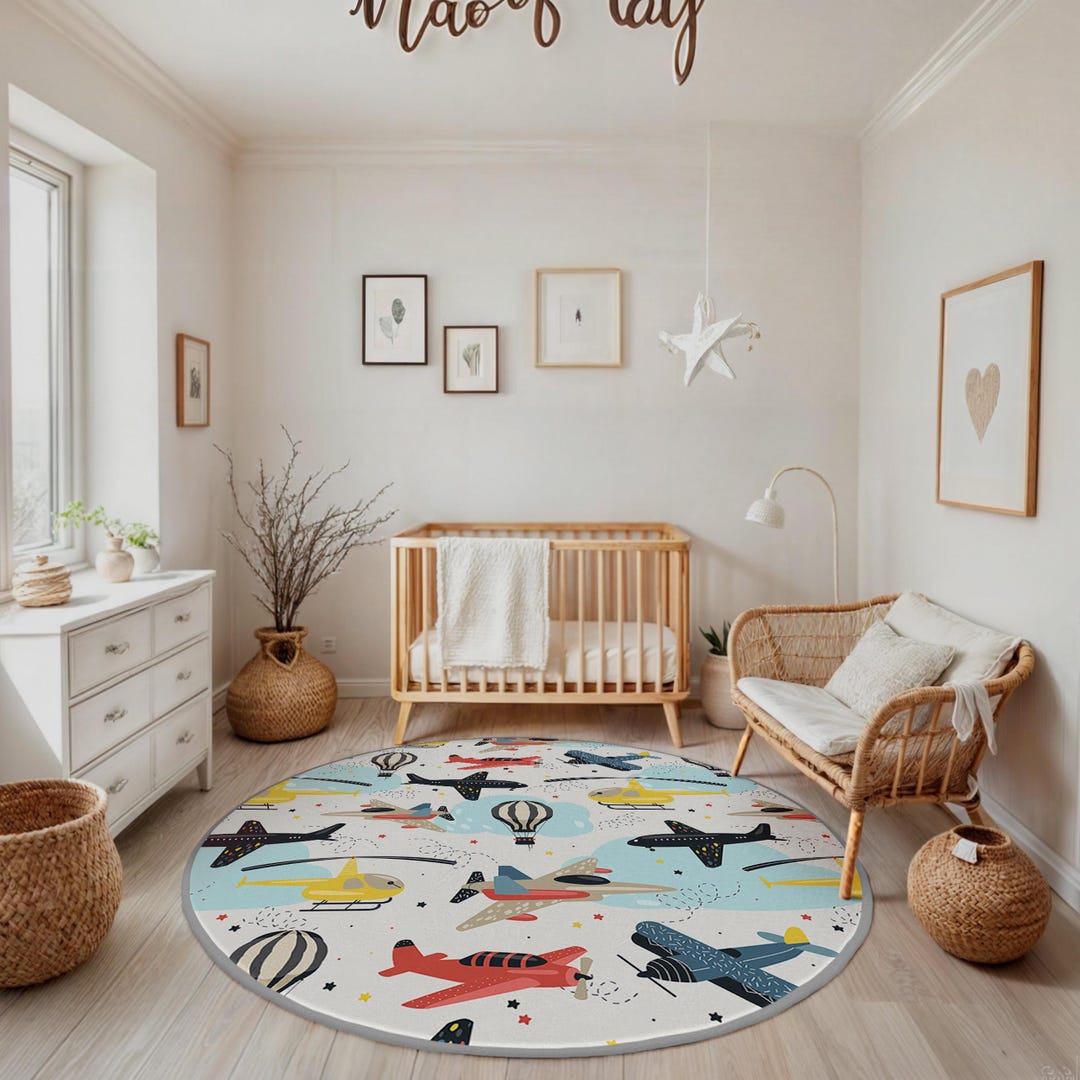 Airplane Balloon Adventure Kids Room Round Rug-sky Blue Aircraft Circle ...