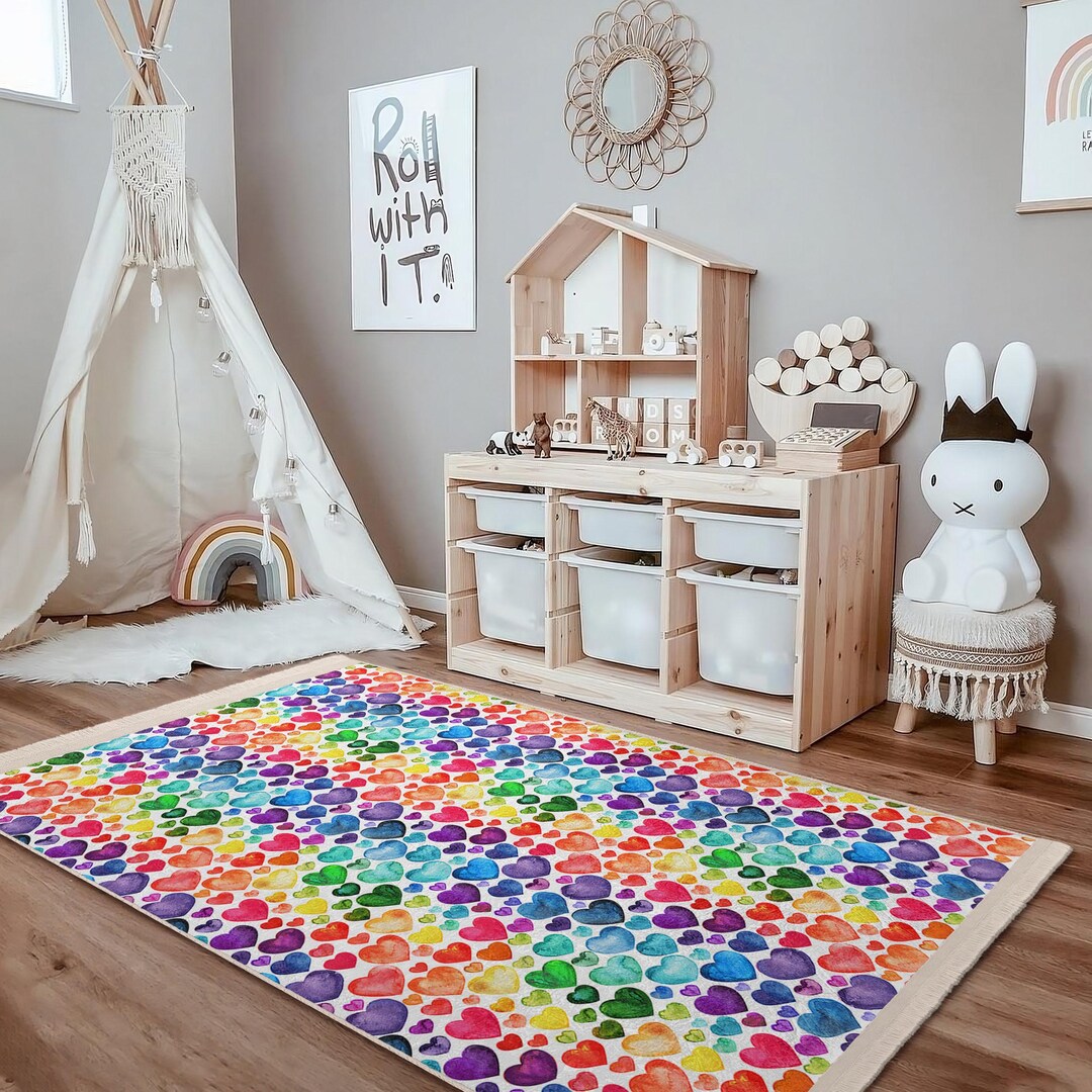 Heart Rug Classroom Colorful Heart Rainbow Kids Room Rug-vibrant Watercolor Heart Shapes ...