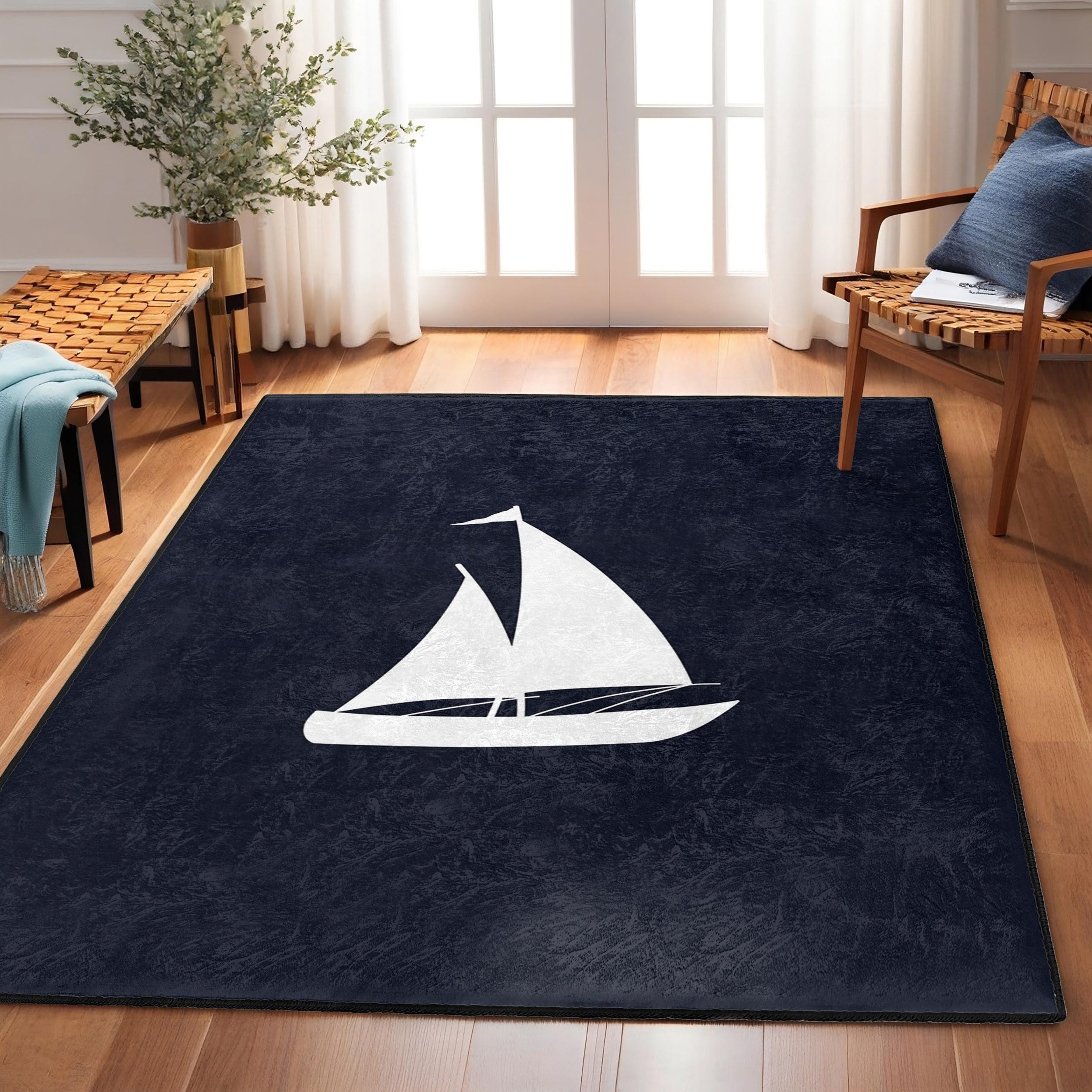 ラグ・カーペット USED YACHT RUG Sailboat Nautical Theme Area Rug-white Sail on Blue Accent Carpet