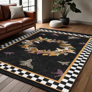 May include: Black and white checkered rug with a gold border. The center of the rug features a wreath of colorful butterflies.