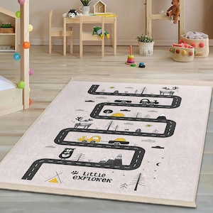 Adventure Road Map Kids Room Rug-Cartoon Traffic Pathway Nursery Carpet-Imaginative Little Explorer Playmat-Car Track Child Room Rug