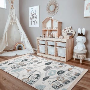 Animal Train Track Kids Room Rug-Fun Cartoon Vehicles Nursery Carpet-Blue Roads Baby Room Rug-Cuddly Friends Playmat-Washable Child Room Mat