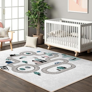 Road Map Adventure Kids Room Rug-City Streets Pathway Nursery Carpet-House Tree Playmat-Interactive Journey Child Room Rug-Anti Slip Mat