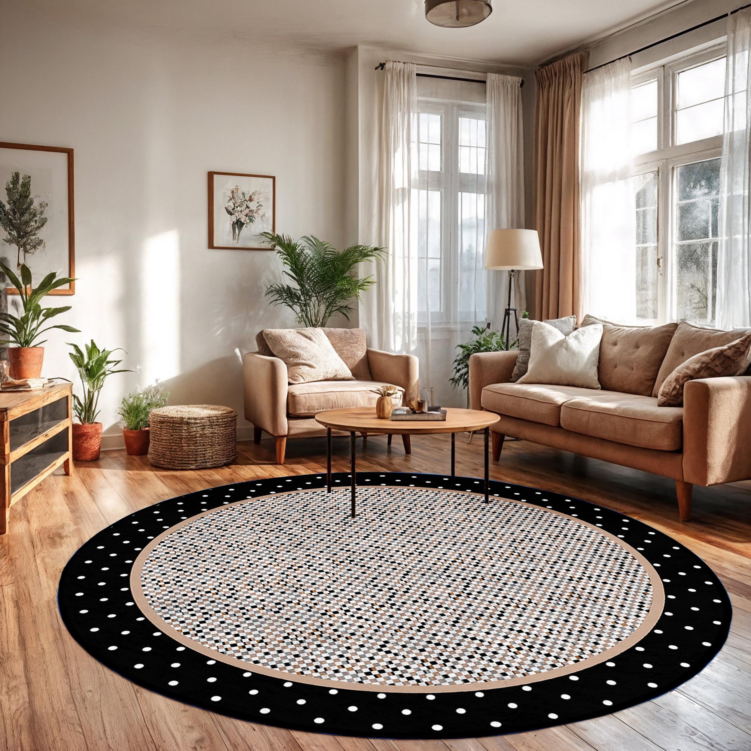 Polka Dot Edge Circle Carpet|tiny Pattern Living Room Rug|black