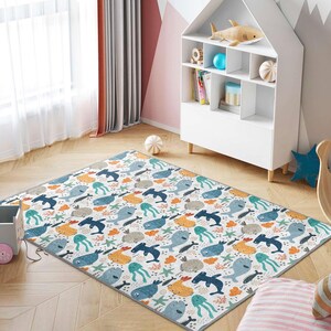 Marine Life Adventure Kids Room Rug|Colorful Whale and Fish Nursery Carpet|Blue Sea Animal Playmat|Ocean Creatures Child Room Rug|