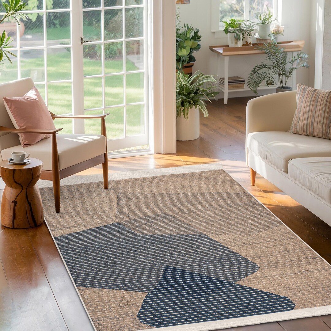 Geometric Blue Accent Rug-bold Shapes Modern Carpet-natural Tones Area ...