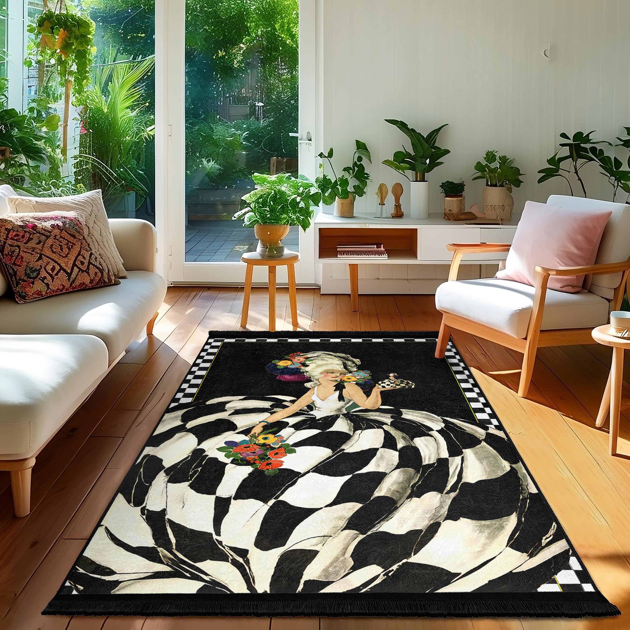 Baroque Lady Design Area Rug-black Checker Flower Mat-vintage Gown ...