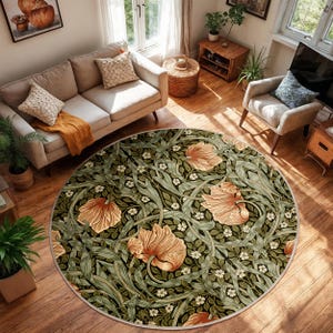 Tappeto circolare artistico floreale verde - Tappeto rotondo con piante floreali vintage - Tappeto da soggiorno in stile boho - Elegante tappeto circolare di tendenza - Tappeto moderno