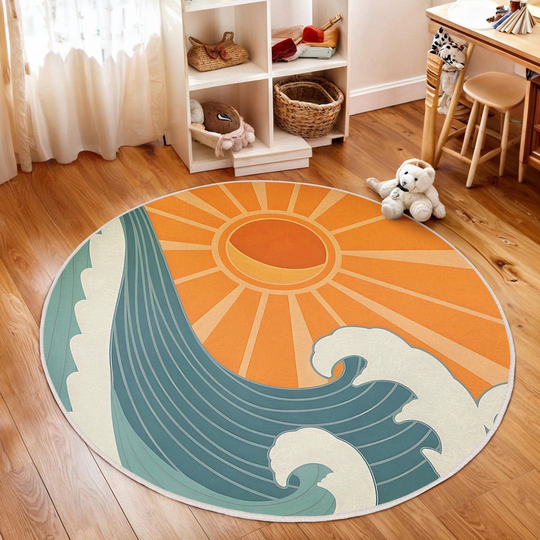 Sunset Beach Wave Kids Room Round Rug - Wave Sun Rays Orange Circle ...