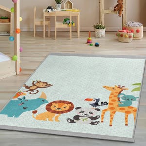Animal Friends Adventure Kids Room Rug-Jungle Safari Animals Nursery Carpet-Colorful Wildlife Playmat-Cute Cartoon Characters Child Room Rug