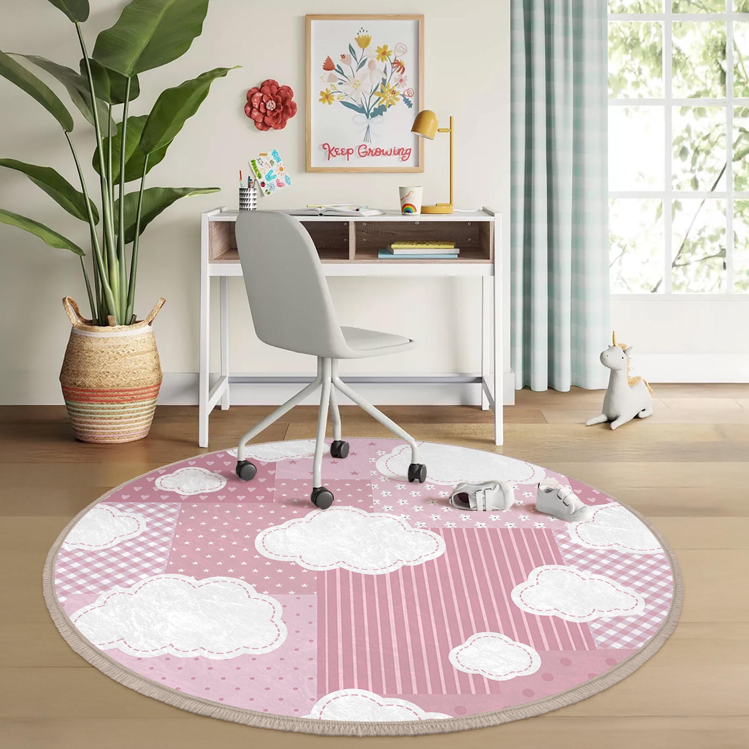 Pink Cloud Theme Kids Room Round Rug-plaid Star Heart Circle