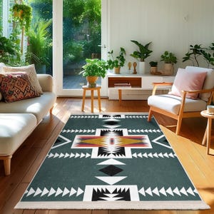 Teal Tribal Area Rug-Aztec Geometric Accent Mat-Colorful Diamond Carpet-Ethnic Indoor Square Rug-Zigzag Anti-Slip Mar-Southwestern Area Rug