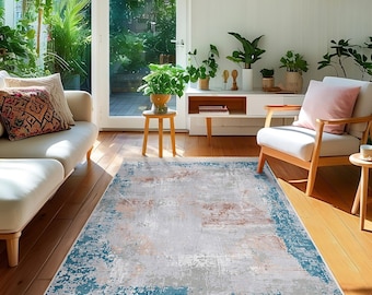 Abstract Blue Gray Area Rug-Faded Distressed Carpet-Modern Anti Slip Rug-Teal Beige Living Mat-Vintage Look Accent Rug-Elegant Floor Runner