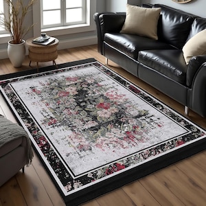 Grunge Floral Black Area Rug-Abstract Floral Pattern Mat-Vintage Look Accent Carpet-Distressed Red Area Mat-Border Design Throw Rug