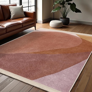 Retro Earth Tone Accent Rug-Oval Terracotta Shapes Mat-Minimalist Modern Anti-Slip Carpet-Living Room Area Mat-Vintage Aesthetic Floor Rug