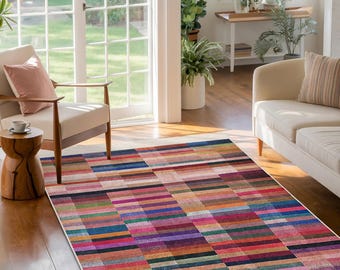 Colorful Patchwork Accent Rug-Rainbow Striped Square Carpet-Vibrant Anti-Slip Mat-Modern Living Room Runner-Bold Artistic Area Mat