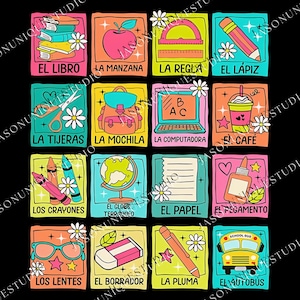 May include: Colorful square illustrations of school supplies and objects, including a book, apple, protractor, pencil, scissors, backpack, laptop, coffee, crayons, globe, paper, glue, glasses, eraser, pen, and school bus, each with a Spanish label.
