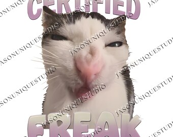 May include: A digitally created image of a cat with a white and gray coat, pink nose, and closed eyes. The word "CERTIFIED" is arched above the cat's head, and the word "FREAK" is below. Both words are in a gradient purple color.