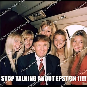 May include: A group of six people, including a man in a suit and tie, are in a plane. The image has the text "STOP TALKING ABOUT EPSTEIN !!!!!" at the bottom. The image has the watermark "JASONUNIQUESTUDIO".