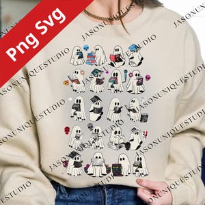May include: A beige sweatshirt featuring a repeating pattern of cartoon ghosts reading books. The ghosts are white with black eyes, and the books are various colors. Some ghosts wear graduation caps or hold microphones.