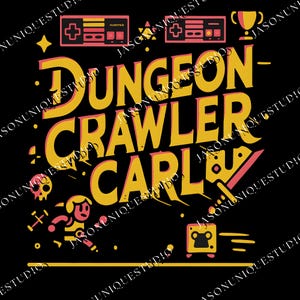 May include: Black graphic design featuring the words "DUNGEON CRAWLER CARLE" in yellow and red, with retro video game elements. Includes a controller, trophy, and pixelated character.