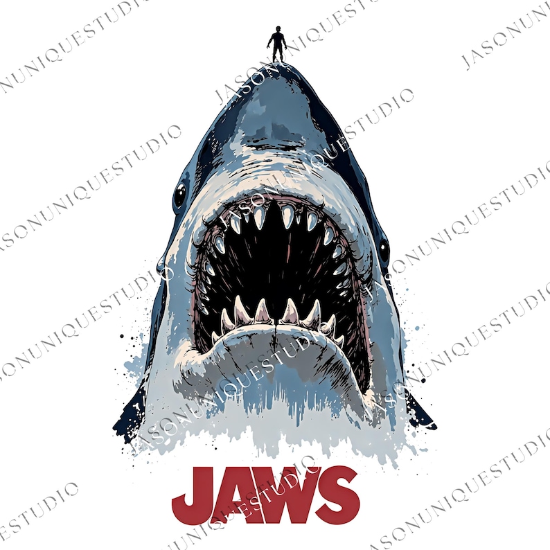 a man standing on top of a shark with its mouth open
