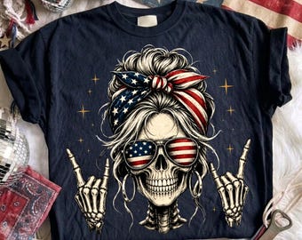 Skeleton Rock On PNG, Patriotic Rocker Skeleton Digital Download, American Flag Graphic Art