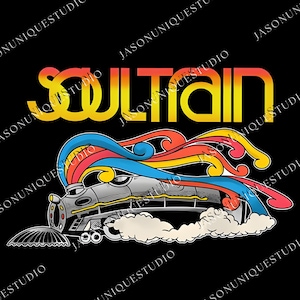 May include: A graphic design featuring the word "SOULTRAIN" in yellow and orange gradient lettering above a stylized silver train. The train emits colorful smoke trails in blue, red, and yellow against a black background.