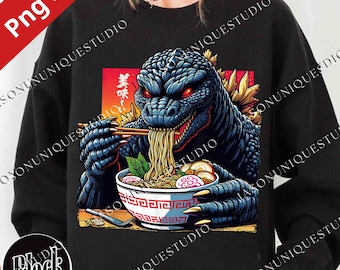 Japanischer Godzilla, der Ramen isst PNG svg für Circut, süßes Kaiju Anime Design, japanische Monsterkunst, lustige Ramen-Liebhaber-Grafik